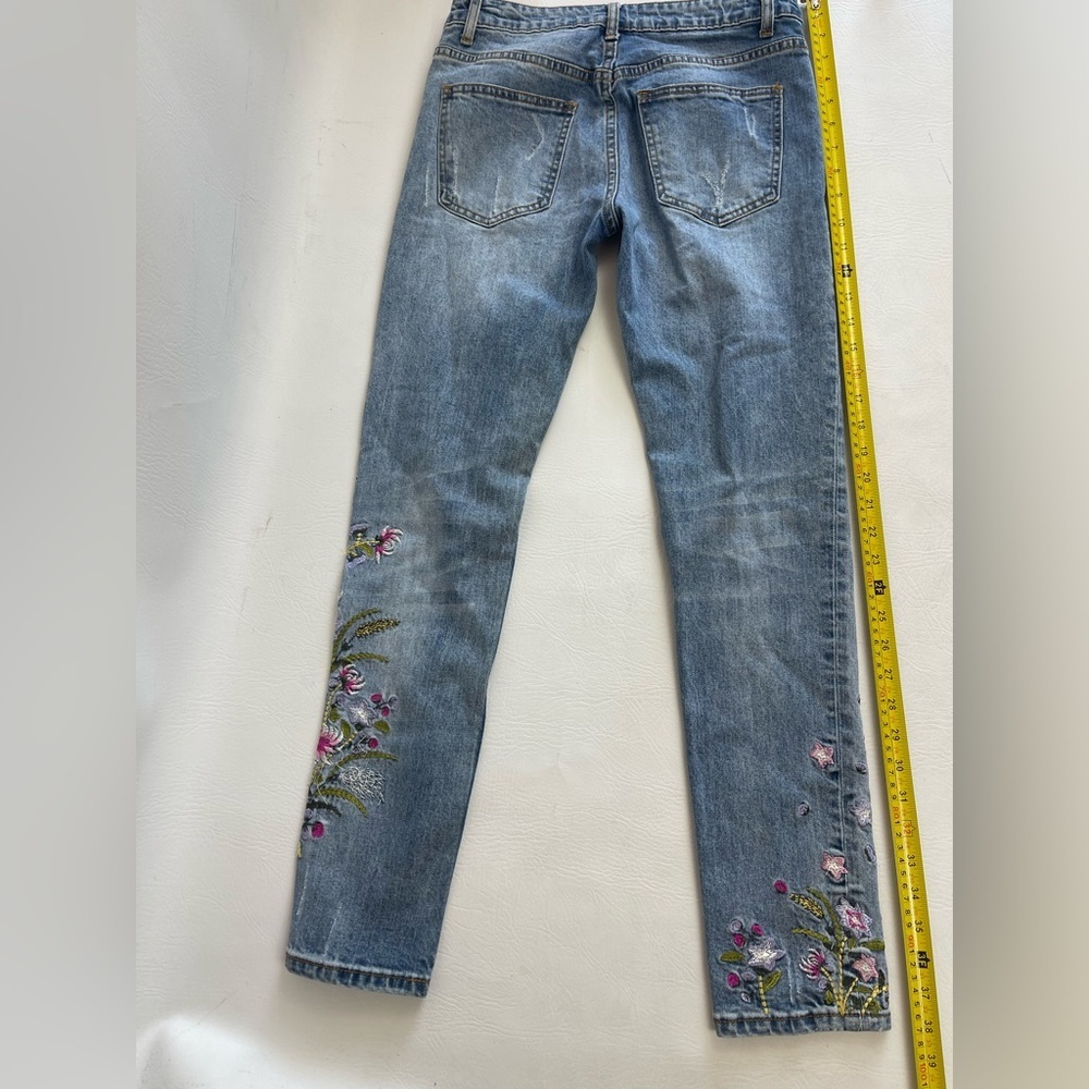 Floral Embroidered Jeans Women 28 Boho Skinny Blue Denim - Picture 13 of 15